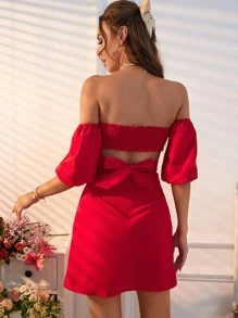 Aveloria Off Shoulder Cut Out Shirred Tie Back Dress - Red - View 2