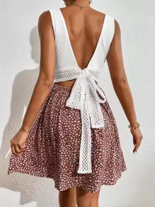 Soleia Ditsy Floral Backless Combo Dress - Red and White - View 2