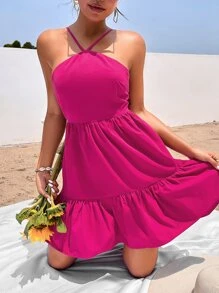 SHEIN VCAY Vestido de tirantes con ojal de espalda con cordón bajo con fruncido - Rosa Fucsia - Ver 3