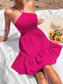 SHEIN VCAY Vestido de tirantes con ojal de espalda con cordón bajo con fruncido - Rosa Fucsia - Ver 5