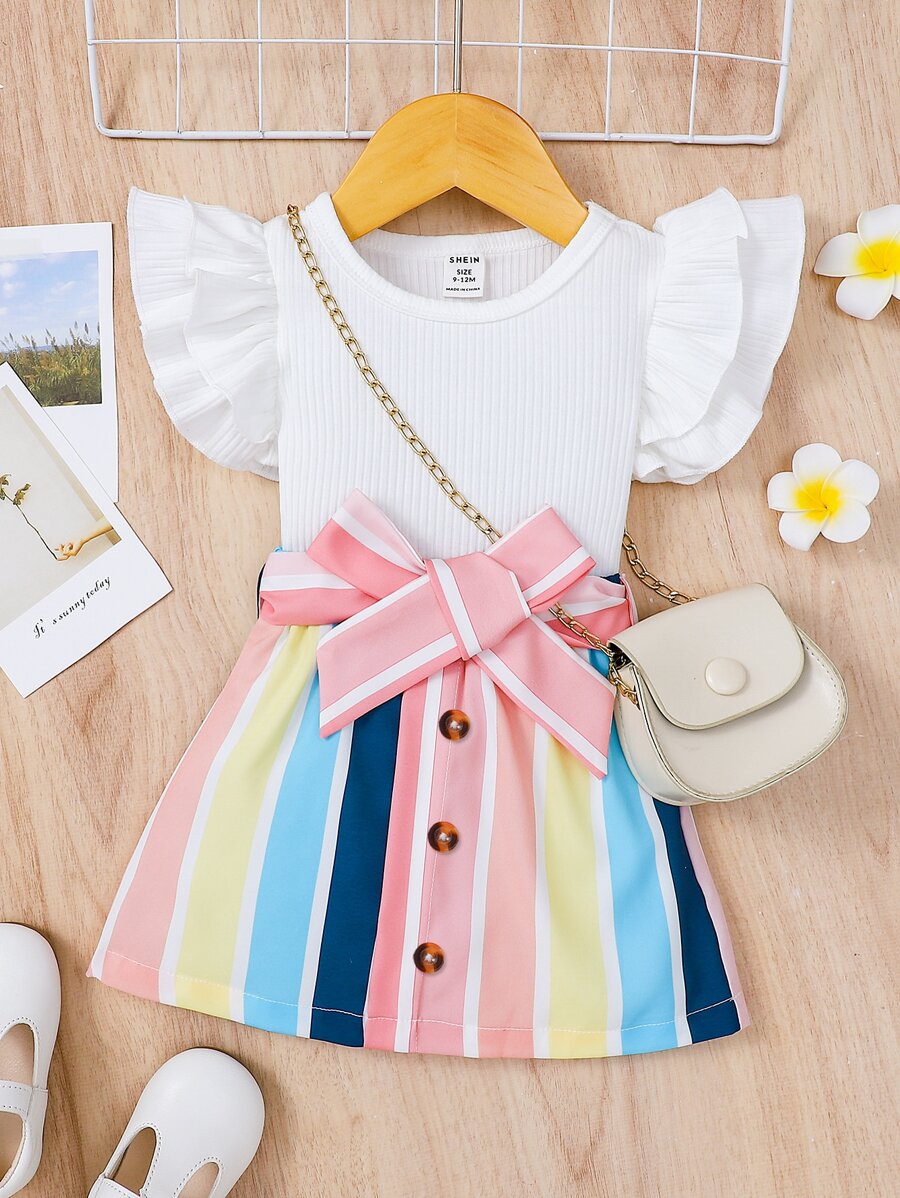 Bộ đồ Em bé Thắt lưng Xù Gân đan Nút phía trước Sọc Dễ thương - Nhiều màu - Xem 1