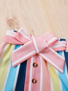 Bộ đồ Em bé Thắt lưng Xù Gân đan Nút phía trước Sọc Dễ thương - Nhiều màu - Xem 6