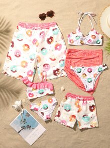 Young Boy 1pack Donuts Print Drawstring Waist Swim Shorts - White - View 2