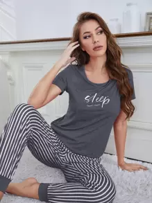 Snug Zone Eyelash & Letter Graphic Tee & Striped Pants PJ Set / Pajama Set Holiday Season - Multicolor - View 6