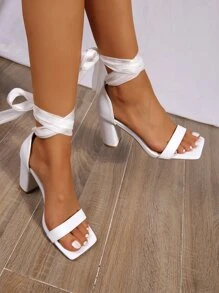 Women Tie Leg Design Chunky Heeled Strappy Sandals, Elegant Black Heeled Sandals - White - View 2