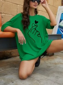 INAWLY Hand And Heart Print Drop Shoulder Oversized Tee - Green - View 5