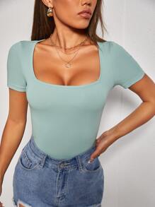 SHEIN PETITE 方領修身T恤 - 薄荷綠 - 查看 1