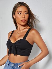 SHEIN PETITE Tie Front Cutout Crop Cami Top - Black - View 5