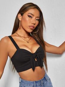 SHEIN PETITE Tie Front Cutout Crop Cami Top - Black - View 2