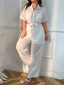 Modelyn 大碼補丁貼口袋下擺打結網眼刺繡襯衫和闊腿褲 - 白色 - 查看 4