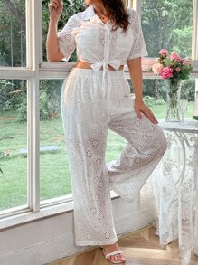 Modelyn 大碼補丁貼口袋下擺打結網眼刺繡襯衫和闊腿褲 - 白色 - 查看 5