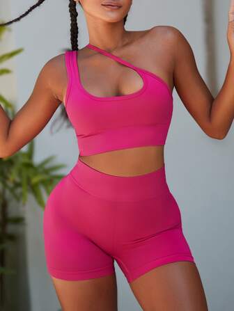 2pcs Fitness Yoga Set Sports Suit One Shoulder Sports Bra Tummy Control Biker Shorts