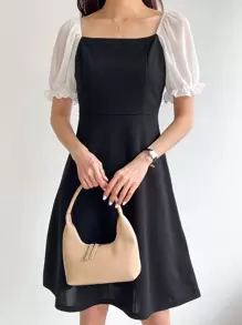DAZY Colorblock Square Neck Puff Sleeve Dress - Black - View 1