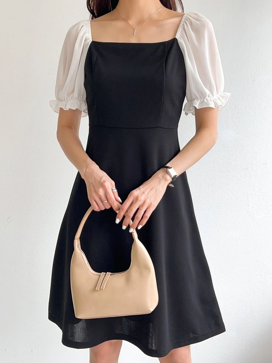 DAZY Colorblock Square Neck Puff Sleeve Dress - Black - View 1