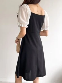 DAZY Colorblock Square Neck Puff Sleeve Dress - Black - View 2