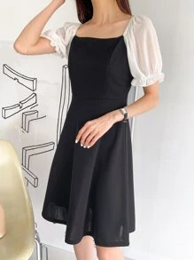 DAZY Colorblock Square Neck Puff Sleeve Dress - Black - View 3