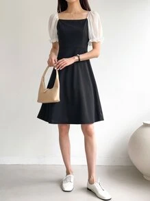 DAZY Colorblock Square Neck Puff Sleeve Dress - Black - View 4