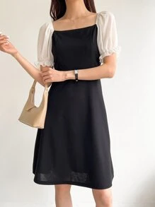DAZY Colorblock Square Neck Puff Sleeve Dress - Black - View 6