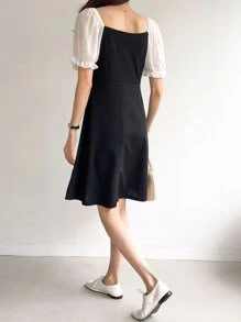 DAZY Colorblock Square Neck Puff Sleeve Dress - Black - View 7