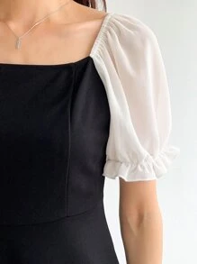 DAZY Colorblock Square Neck Puff Sleeve Dress - Black - View 8