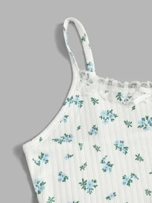 ROMWE Ditsy Floral Lace Trim Cami Top - Blue and White - View 4
