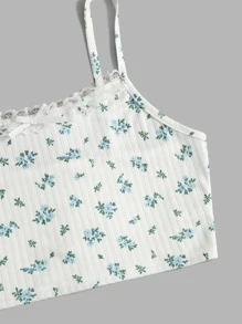 ROMWE Ditsy Floral Lace Trim Cami Top - Blue and White - View 5