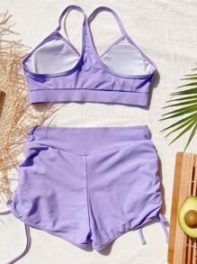 Conjunto de bikini de color sólido con top de tirantes tipo camiseta y shorts fruncidos con cordón, traje de baño de 2 piezas para verano y vacaciones en la playa - Morado - Ver 2