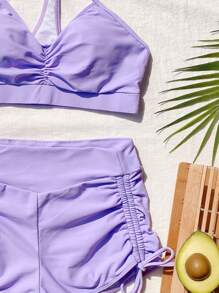 Conjunto de bikini de color sólido con top de tirantes tipo camiseta y shorts fruncidos con cordón, traje de baño de 2 piezas para verano y vacaciones en la playa - Morado - Ver 4