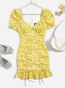 SHEIN MOD Ditsy Floral Sweetheart Neck Puff Sleeve Ruched Ruffle Hem Dress - Yellow - View 1