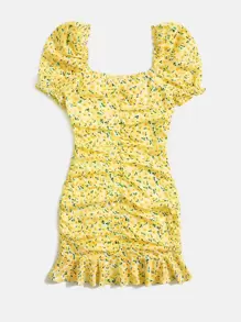 SHEIN MOD Ditsy Floral Sweetheart Neck Puff Sleeve Ruched Ruffle Hem Dress - Yellow - View 2