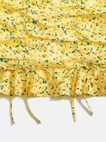 SHEIN MOD Ditsy Floral Sweetheart Neck Puff Sleeve Ruched Ruffle Hem Dress - Yellow - View 4