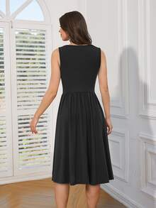 Vestido entallado y acampanado con abertura fruncido - Negro - Ver 2