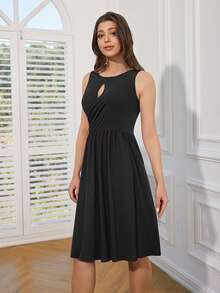 Vestido entallado y acampanado con abertura fruncido - Negro - Ver 3