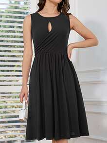 Vestido entallado y acampanado con abertura fruncido - Negro - Ver 4