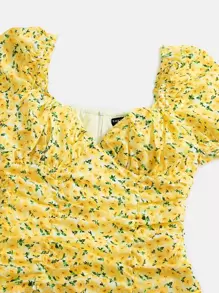 SHEIN MOD Ditsy Floral Sweetheart Neck Puff Sleeve Ruched Ruffle Hem Dress - Yellow - View 5