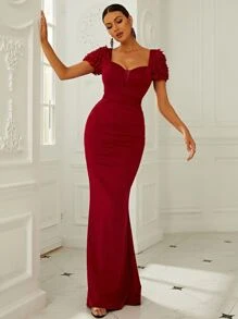 Missord Sweetheart Neck Mesh Panel Appliques Formal Dress - Burgundy - View 2