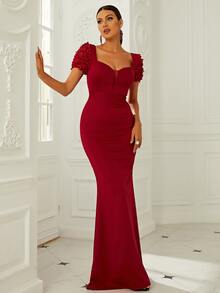 Missord Sweetheart Neck Mesh Panel Appliques Formal Dress - Burgundy - View 4