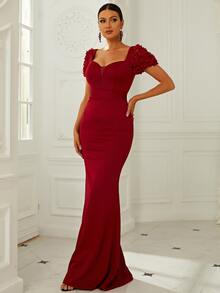 Missord Sweetheart Neck Mesh Panel Appliques Formal Dress - Burgundy - View 5