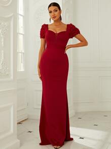 Missord Sweetheart Neck Mesh Panel Appliques Formal Dress - Burgundy - View 1