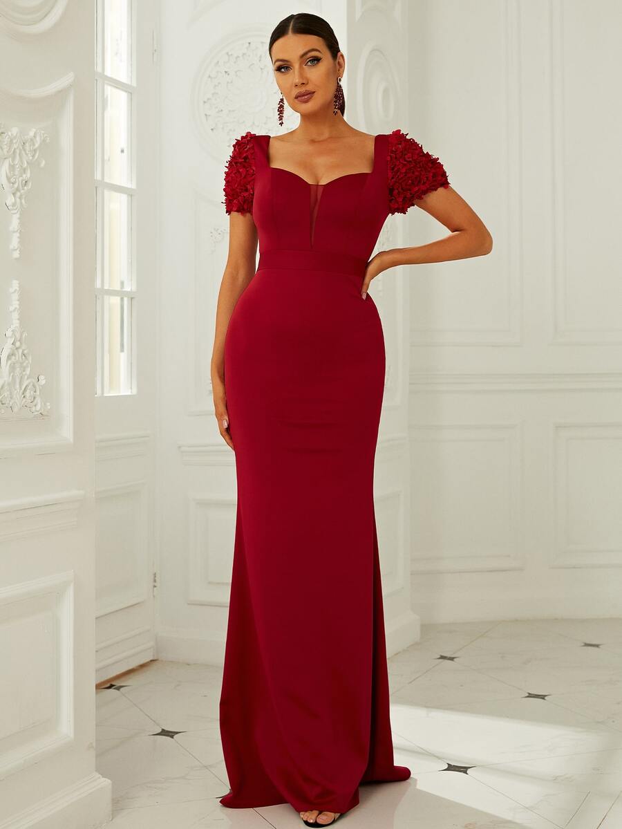 Missord Sweetheart Neck Mesh Panel Appliques Formal Dress - Burgundy - View 1
