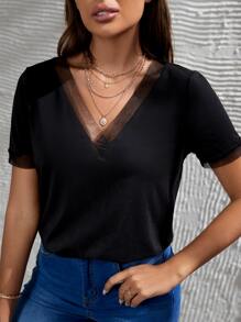 SHEIN Frenchy 網紗拼接V領T恤 - 黑色 - 查看 2