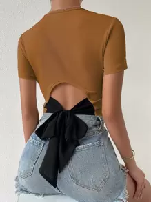 SHEIN Privé Tie Back Rib Knit Top Graphic Tees Women Tops - Brown - View 1