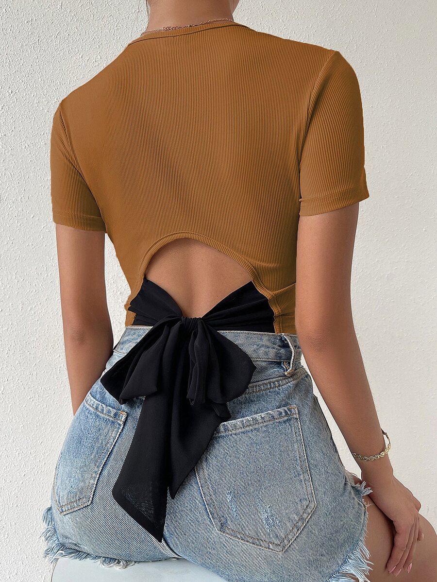 SHEIN Privé Tie Back Rib Knit Top Graphic Tees Women Tops - Brown - View 1
