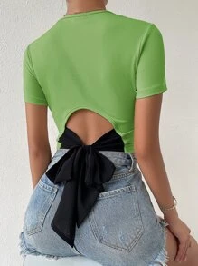 SHEIN Privé Tie Back Rib Knit Top - Lime Green - View 1
