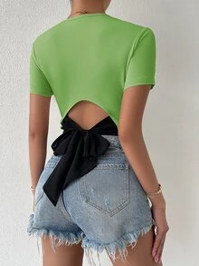 SHEIN Privé Tie Back Rib Knit Top - Lime Green - View 2