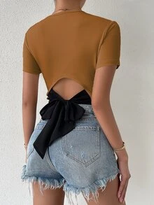 SHEIN Privé Tie Back Rib Knit Top Graphic Tees Women Tops - Brown - View 2