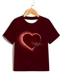 Boys Letter & Heart Print Tee - Maroon - View 1
