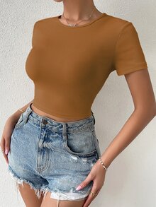 SHEIN Privé Tie Back Rib Knit Top Graphic Tees Women Tops - Brown - View 4