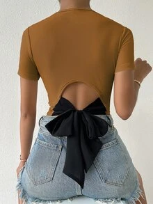 SHEIN Privé Tie Back Rib Knit Top Graphic Tees Women Tops - Brown - View 5