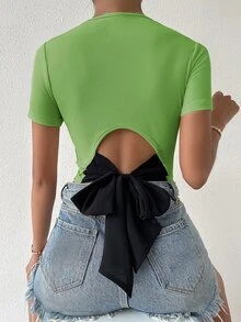 SHEIN Privé Tie Back Rib Knit Top - Lime Green - View 6